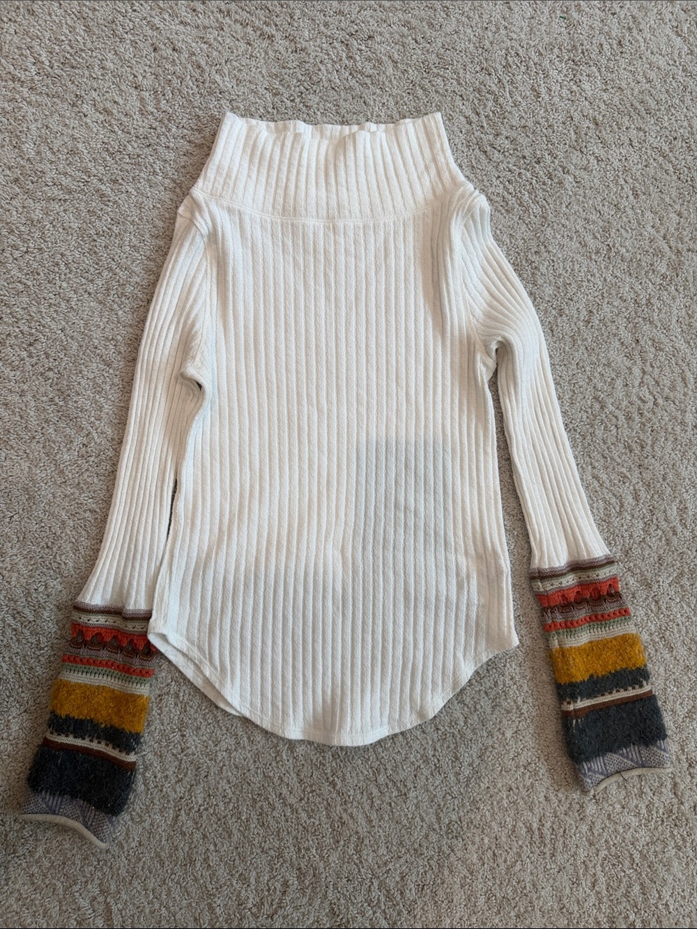 Free People Ivory Ribbed Turtleneck Sweater with Boho Statement Cuffs - Size L
